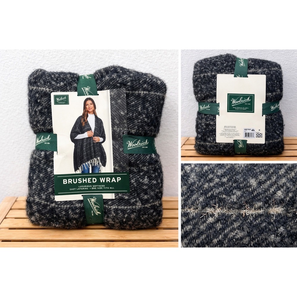 Woolrich Green Label Brushed‎ Wrap Black Grey Plaid Shawl One Size NWT WR010725